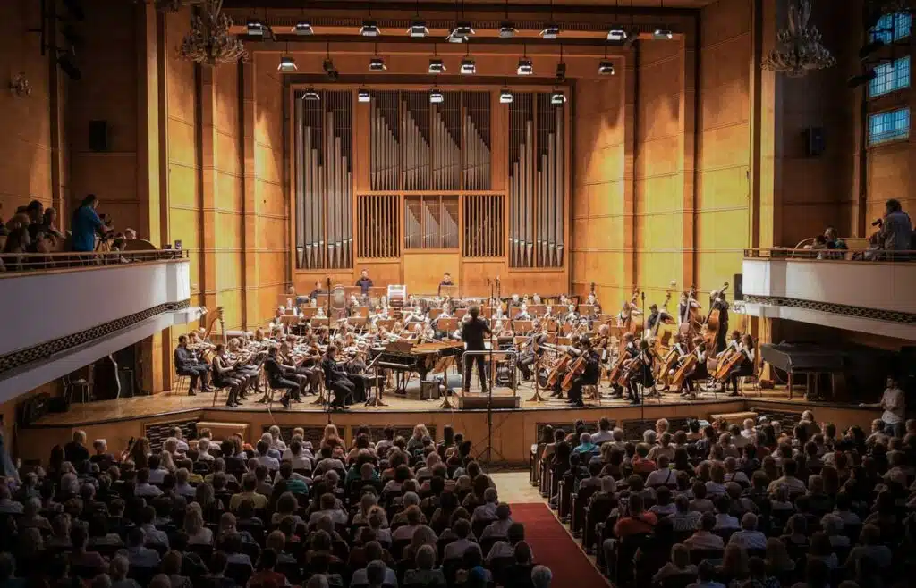 Ein Orchester mit großer Orgel im Hintergrund mit Publikum.